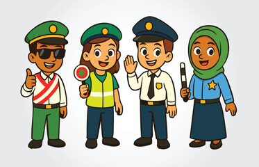 Kids traffic police Cartoon Character Vector Template