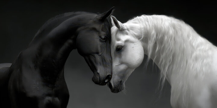 A stunningly detailed portrait of a black horse and a white horse with flowing manes - Powered by Adobe