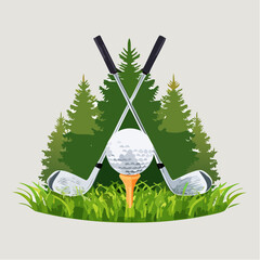 Golf Ball and Crossed Golf Clubs on Grass in a Forest Background