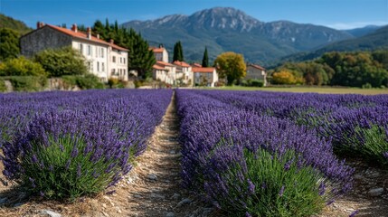 Charming lavender fields set against a beautiful village backdrop, with mountains rising behind them, capturing a picturesque and peaceful rural landscape.