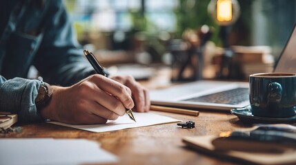 Fototapeta premium Creative Writer Preparing a Draft with Pen on Desk in Modern Space