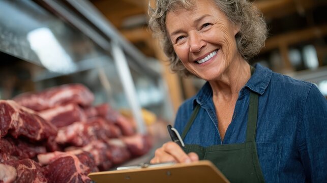 This image features a cheerful woman smiling while working in a bustling meat market, showcasing her dedication to quality and fresh products, bringing joy to her customers.