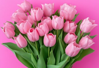 Obraz premium Pink Holiday banner. Bouquet of pink tulips on pink background. Mothers day, Valentines Day, Birthday celebration concept. Copy space, top view