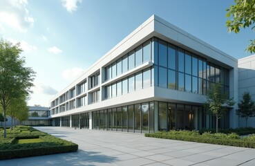 Fototapeta na wymiar Modern hospital building exterior with glass windows. Minimalist architecture, modern design. Blue sky, green trees, public health institution. Healthcare facility, well-being, safety. Modern medical