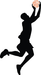 A silhouette captures the dynamic energy of a basketball player leaping towards the hoop, ball in hand, in a moment of athletic prowess.
