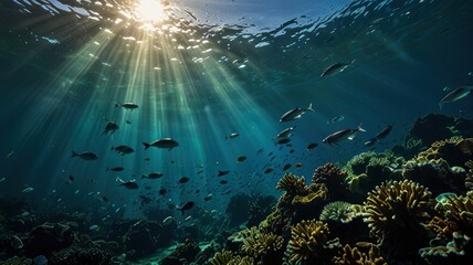 Sunbeams pierce coral reef teeming with fish