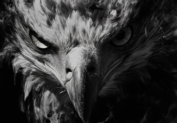 Close-up of bald eagle with intense gaze.