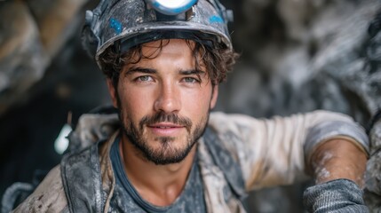 Obraz premium A determined young miner posing for a portrait in a rugged mining environment, showcasing strength, resilience, and dedication to the demanding profession of mining.