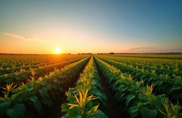 Soybean field at sunset. Rows of young soybean plants stretch towards the horizon. Golden hour sun illuminates growing plants. Agriculture farming crop. Peaceful rural landscape.