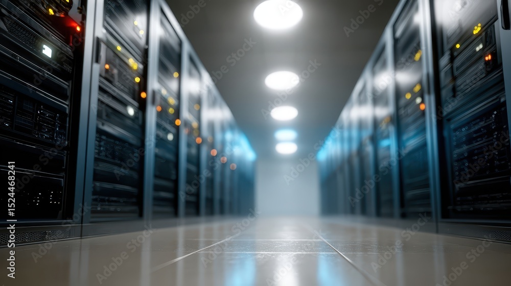 Poster a dramatic view of a server aisle in a modern data facility, showcasing sleek server racks and brigh
