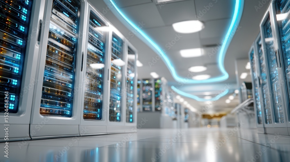 Aufkleber this image captures a modern data center design, showcasing rows of server racks illuminated with bl