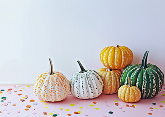 A cheerful and festive composition with colorful pumpkins on a white backdrop with a pink surface scattered with colorful confetti. Autumn vibes with a playful party atmosphere. Pastel Halloween
