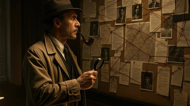 Detective in trench coat studies a crime board with photos and red strings. Side angle captures a noir video style, emphasizing mystery and intrigue.