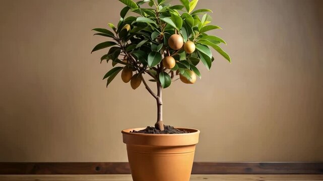 Small fruit tree growing indoors in a terracotta pot, brown background, wooden floor, green leaves, ripe fruit, minimal style