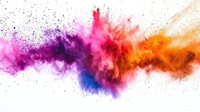 Explosion of vibrant powder paint against a clean white backdrop creating dynamic visuals