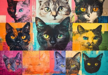 Plakat Collage of multiple cats head portrait photos on a multicoloured background of a multitude of different bright colours.