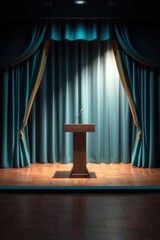 Empty stage with a wooden podium and microphone against a backdrop of teal curtains on a stage floor.