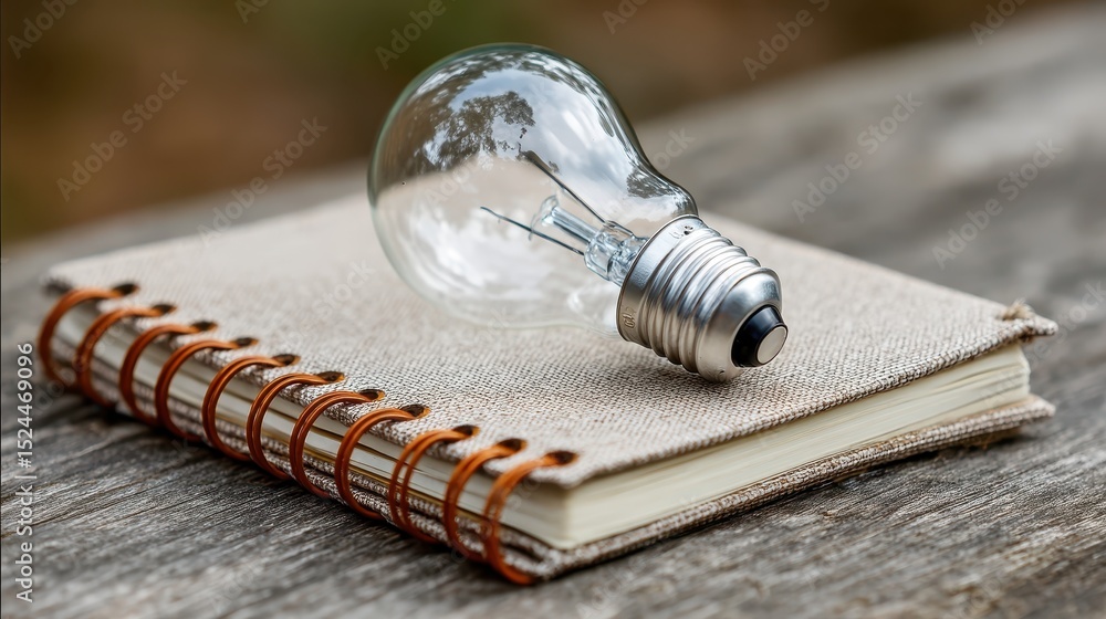 Aufkleber an innovative light bulb placed on a notepad reflects the concept of bright ideas and brainstorming,