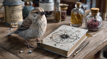 The image captures a charming bird standing next to an illustrated notebook depicting a compass, blending nature with the exploration theme beautifully.
