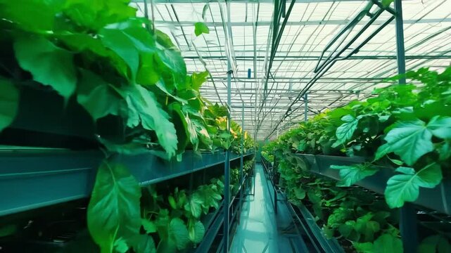 Eco friendly farm with rows of fresh lettuce growing in a greenhouse. Green farming method supports sustainable agriculture and healthy, organic food production. Generative AI