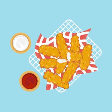 Delicious fast food illustration. Fast food set. Homemade fried chicken sticks. Fried chicken with ketchup and mayonnaise. On a paper towel rack. Top view. Fast food and cooking menu. Isolated.
