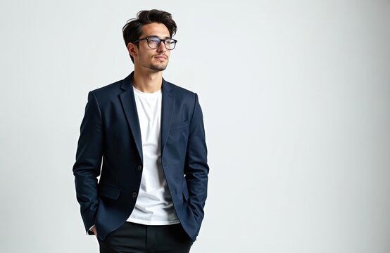 Handsome businessman in stylish suit poses with confidence. Young professional man in formal wear, trendy glasses on white studio background. Perfect for business project design, fashion