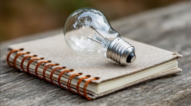 An innovative light bulb placed on a notepad reflects the concept of bright ideas and brainstorming, emphasizing creativity and the process of thought generation.