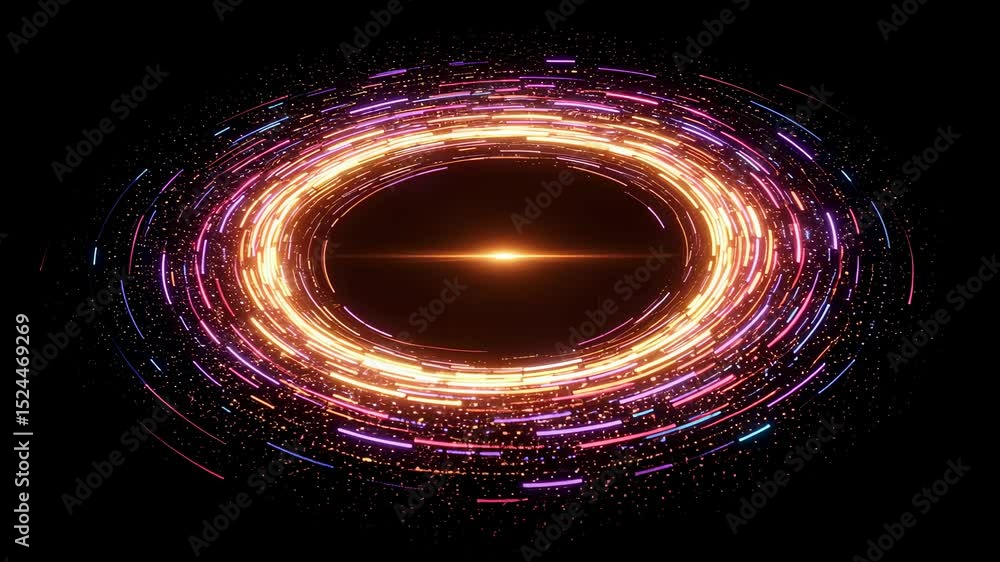 Poster abstract cyber tunnel with moving particles and luminous lens flare. digital data flow background fo