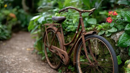 Fototapeta premium An aged bicycle partly hidden by lush greenery, framing a timeless scene that blends vintage charm with the verdant beauty of nature in a serene environment.