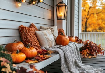 Cozy autumn porch decorated with pumpkins, colorful leaves, lanterns, and warm blankets, creating a welcoming fall atmosphere