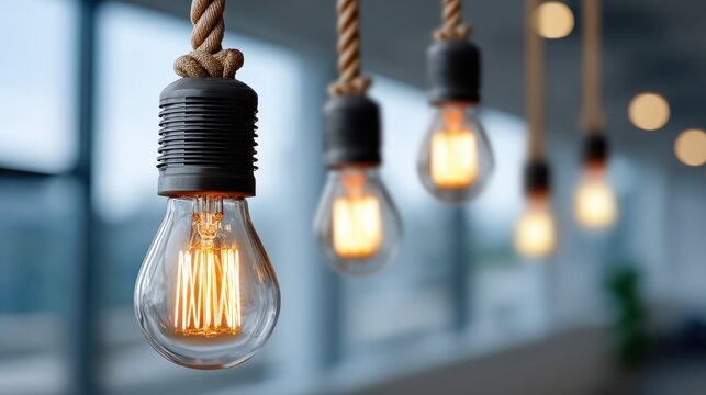 A modern arrangement of four Edison bulbs, each emitting a warm glow, hanging from thick rope offers a blend of vintage style and contemporary design in a sophisticated ambiance. - Powered by Adobe