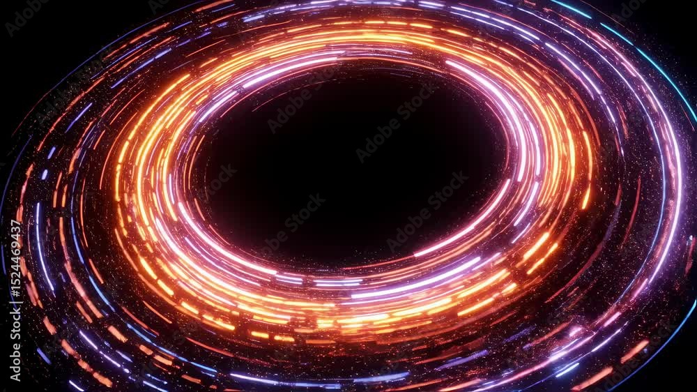Poster cosmic bright light streaks moving in a circular motion on a black background. abstract digital data