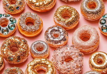 Donuts adorned with pastel icing and encrusted with gold, crystals and gems, laid out on a soft pink background, seamless pattern. Luxury branding, party invites, weddings or chic digital designs.
