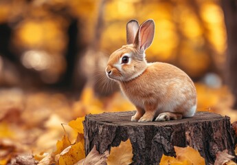 Fototapeta premium Cute rabbit sitting on a tree stump in a forest, surrounded by autumn foliage, capturing the essence of nature's beauty.