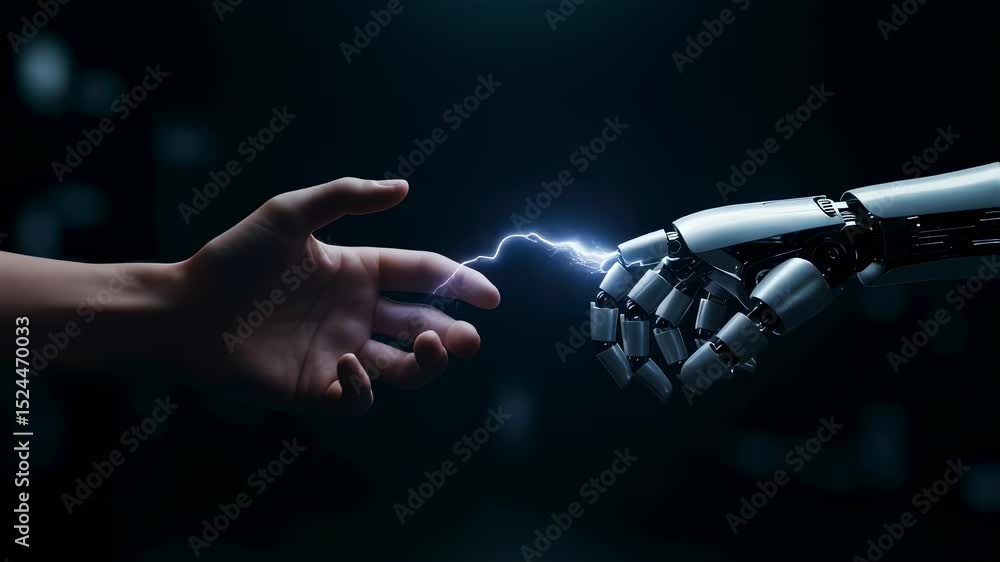 Poster human and robot hands touching with electric arcs. concept of artificial intelligence and machine le