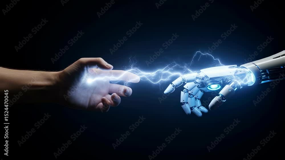Poster man's hand touching robot arm with electric spark. artificial intelligence and human connection conc