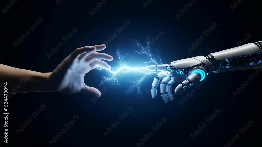 Poster human hand and robot hand connect with lightning showing artificial intelligence integration creatin