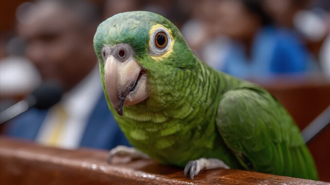 A close-up of a vibrant green parrot with a curious expression, showcasing its detailed feather patterns and personality. It's perched on a wooden rail in a lively environment.