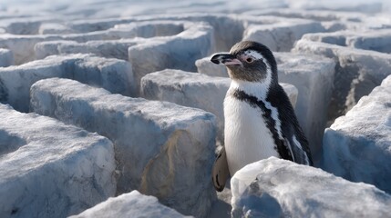 Obraz premium A remarkable penguin stands majestically among frost-covered blocks, capturing the essence of winter in a stunning and captivating icy environment.