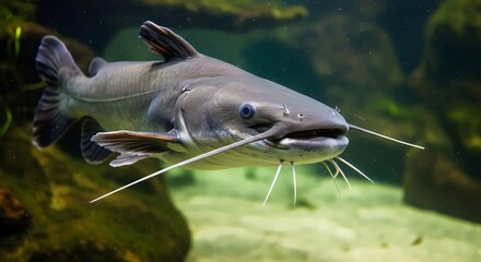 Riverbed Discovery: High-Resolution Image of a Catfish in Stealth Mode with Aquatic Flora and Sediment Details