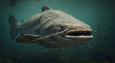Naklejka premium Underwater Macro Masterpiece: Catfish Close-Up Revealing Whiskers, Scales, and Predatory Adaptations