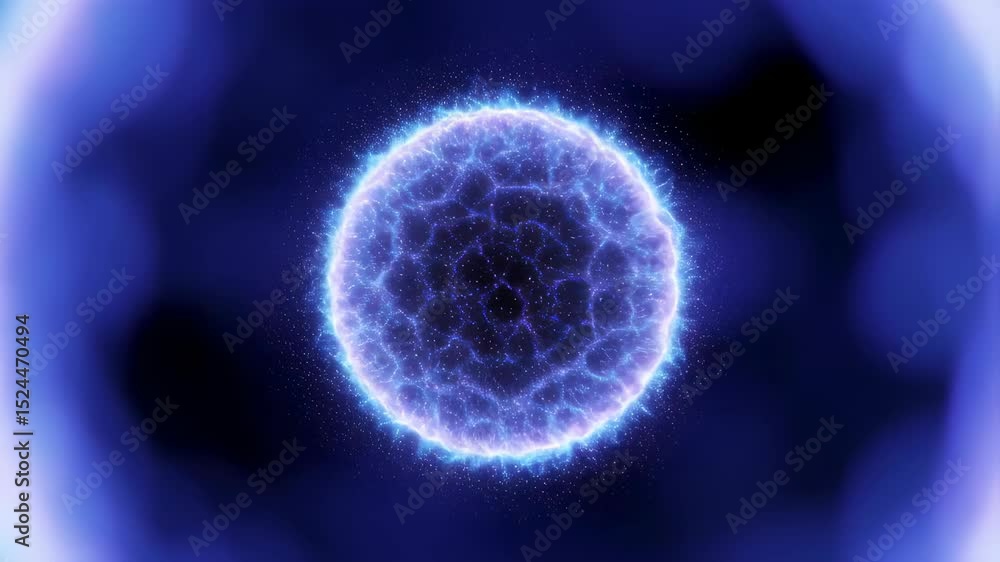 Poster glowing magic energy sphere with purple and blue light. plasma ball with pulsating particles and dig