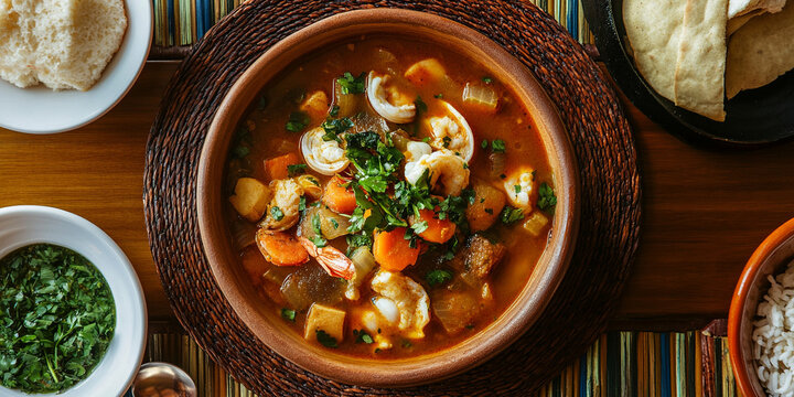 Parihuela peruvian seafood soup on the table