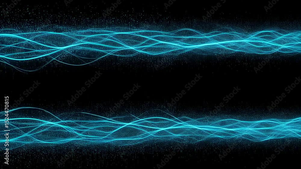 Poster Blue digital data lines and waves creating an abstract light stream. High-tech concept with shimmering particles and binary code flowing footage.