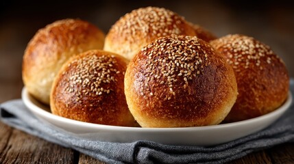 An eye-catching image featuring perfectly baked sesame bread rolls resting in a white bowl, designed to inspire feelings of joy and warmth during meal times and gatherings.
