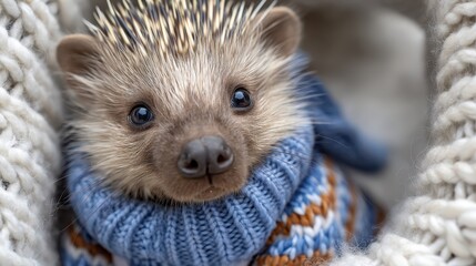 An adorable hedgehog nestled in a cozy blue sweater, emanating warmth and cuteness, perfect for wildlife lovers and those who appreciate simple, comforting moments.
