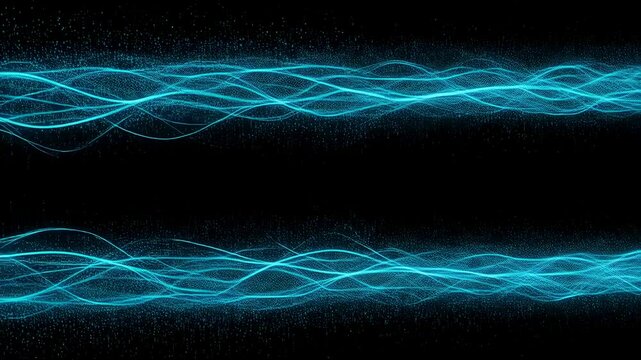 Blue digital data lines and waves creating an abstract light stream. High-tech concept with shimmering particles and binary code flowing footage.