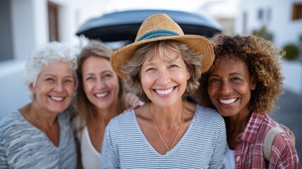 A delightful gathering of four joyful women near an open car trunk, radiating friendship and warmth in a sunny outdoor scene, perfect for depicting shared moments of happiness.