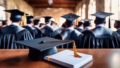 graduates in caps and gowns attend a ceremony a notebook rests on a desk in the foreground
