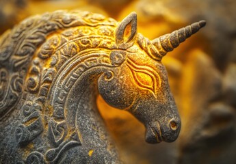 Famous unicorn seal from the Indus Valley shown in a closeup with its intricate carvings glowing faintly under diffused golden light